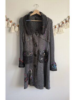Fantazia Artsy Boho Whimsical Wool Blend Longline Duster Cardigan Fairy Preppy M